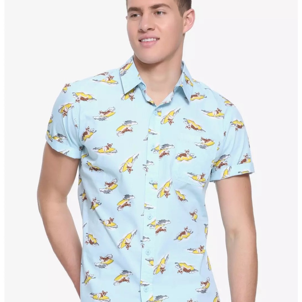 Hot Topic XXX Rude Light Blue Surfing Corgi Graphic Men's Shirt XL